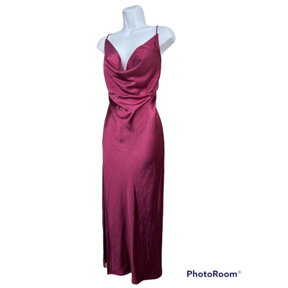 Bridesmaid Lioness Slip Dress 10 XL Magenta Cowl Neck Long Front Slit Sexy Maxi - Picture 4 of 11